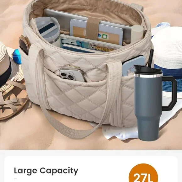 Puffer Tote Bag for Women, Puffy Work Handbag, Travel Shoulder Carry On Bag with